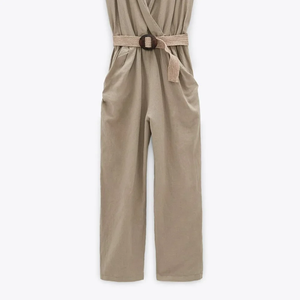 Zara Linen Blend Belted Jumpsuit Sand Sz XL, L